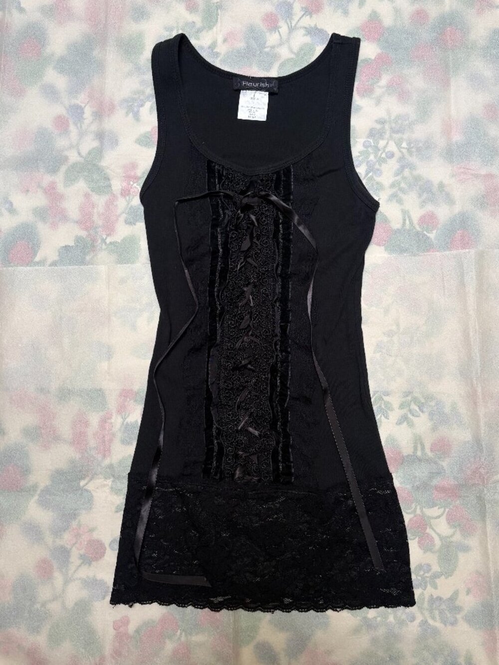 Vintage Fleurish Black Lace Up Satin Ribbon Corset Ribbed Tank Top Small